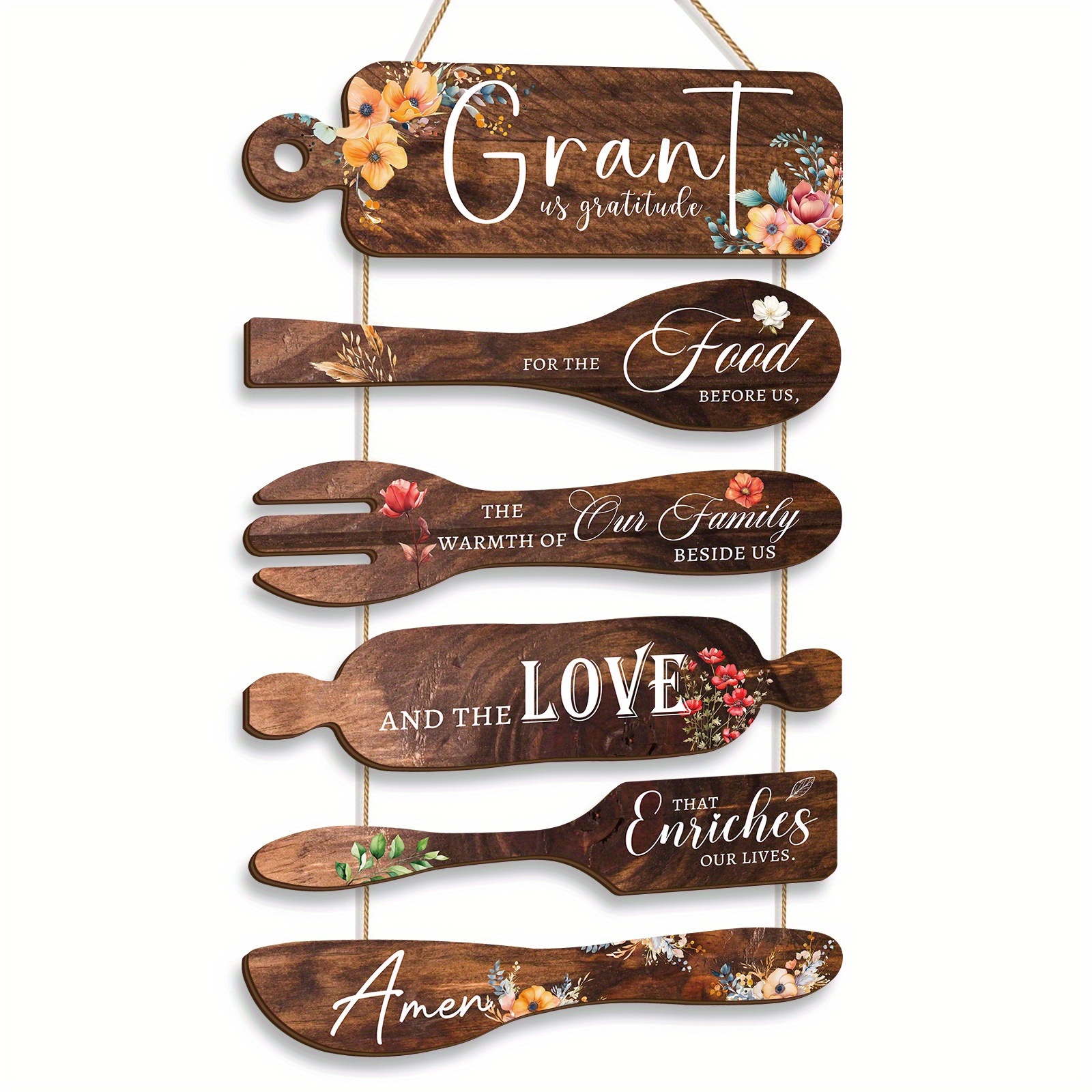 Bless the Food Before Us - Rustic Farmhouse Kitchen and Dining Room Wall Decor - Brown Wood Grain Floral Hanging Sign with Gratitude Quotes, Irregularly Shaped Wooden Artwork, Suitable for Thanksgiving, Christmas, Weddings - No Electricity Needed