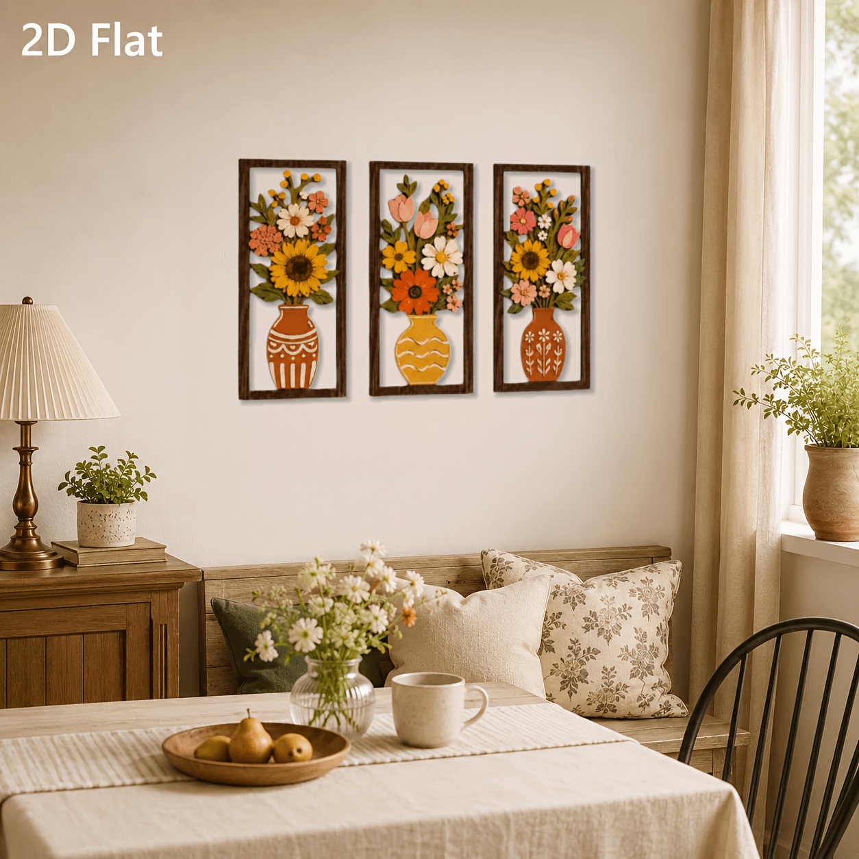 Bohemian Floral Vase Wooden Wall Art Set of 3 - Retro Farmhouse Decor - Image 6