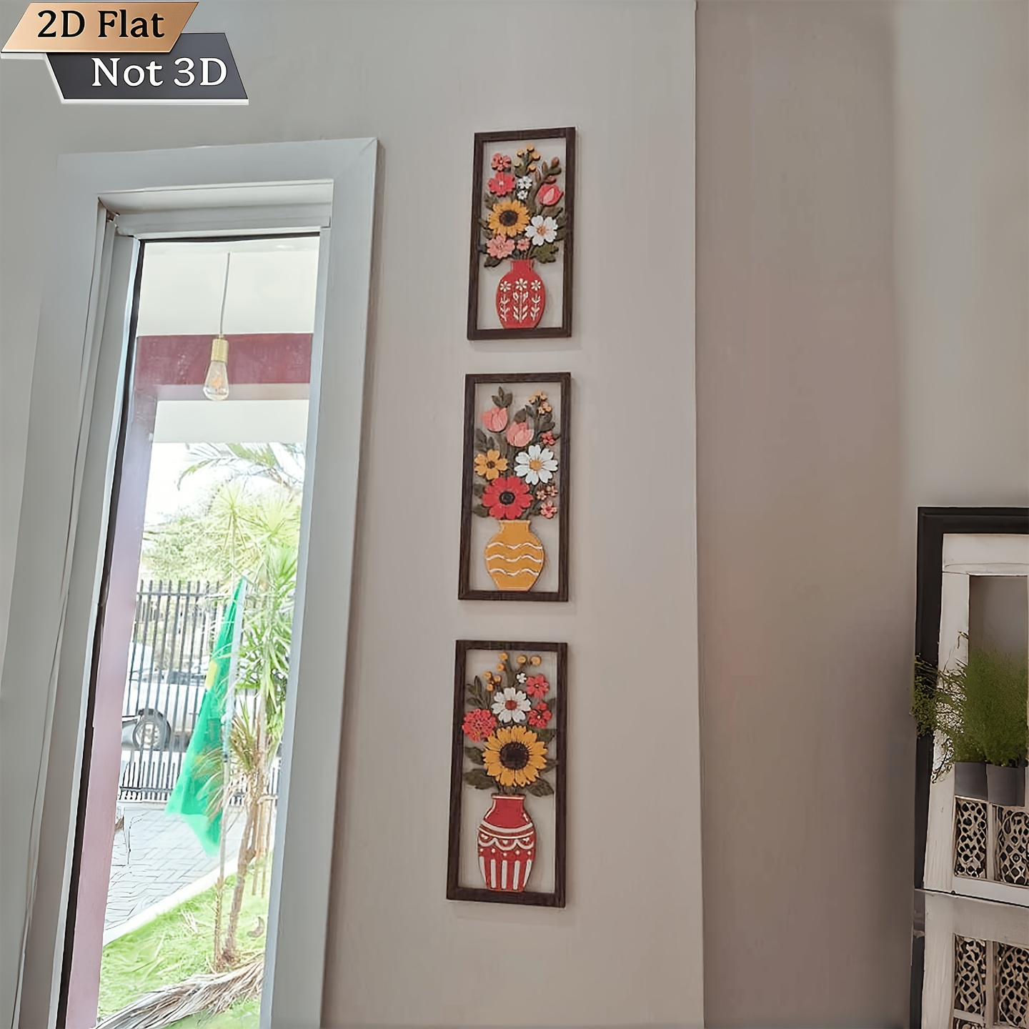 Bohemian Floral Vase Wooden Wall Art Set of 3 - Retro Farmhouse Decor - Image 4
