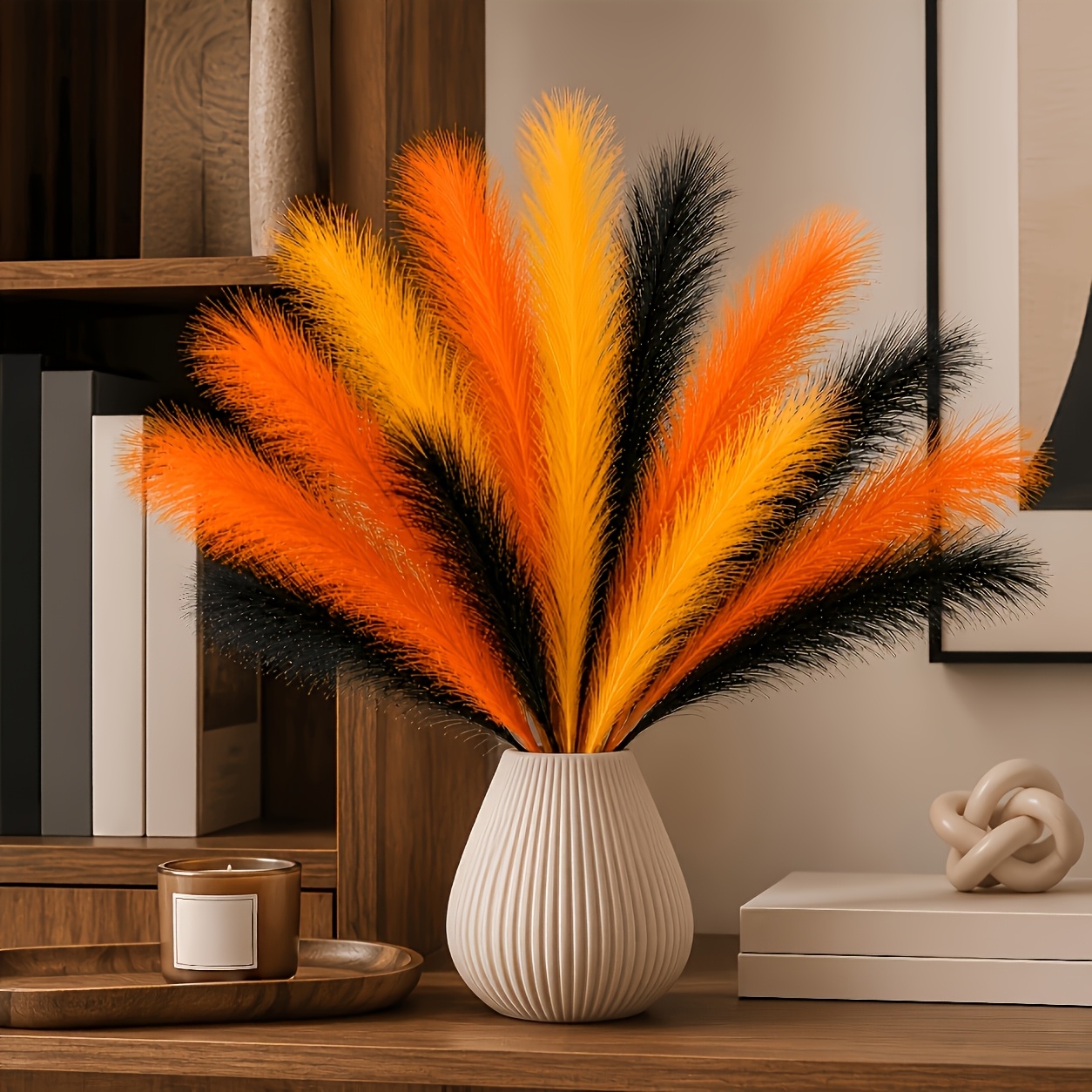 27pcs Premium Black Orange Golden Three-Color Faux Reed Decorative Bouquet, Feather-Like Reed Grass Branches, Fluffy Luxurious Artificial Flowers, Suitable for Modern Minimalist Home Decor, Living Room Vase, Entrance Tabletop