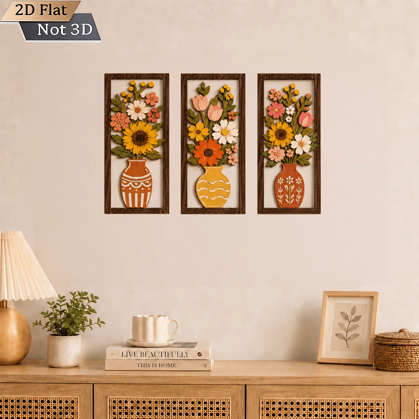Bohemian Floral Vase Wooden Wall Art Set of 3 - Retro Farmhouse Decor - Image 2