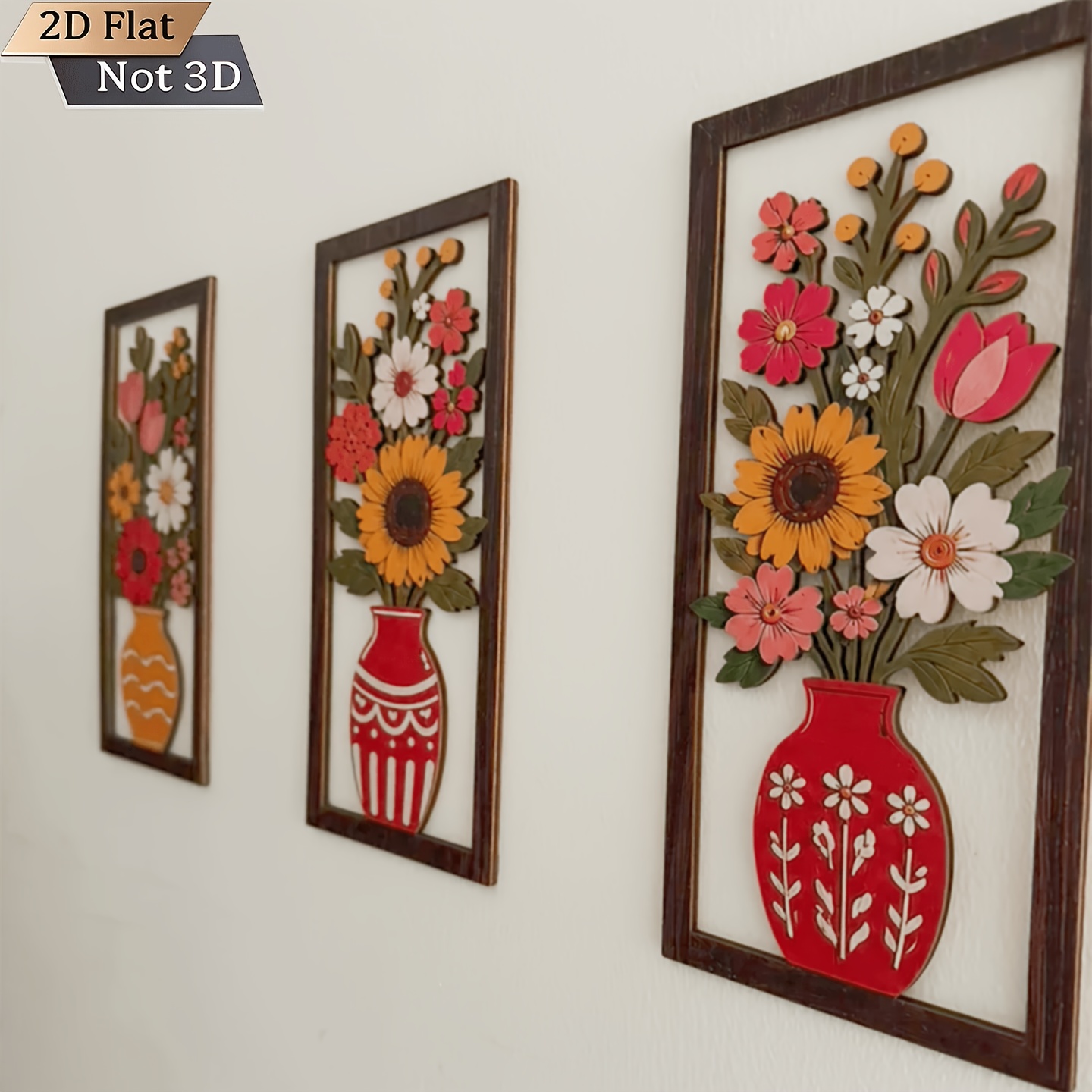 Bohemian Floral Vase Wooden Wall Art Set of 3 - Retro Farmhouse Decor - Image 5