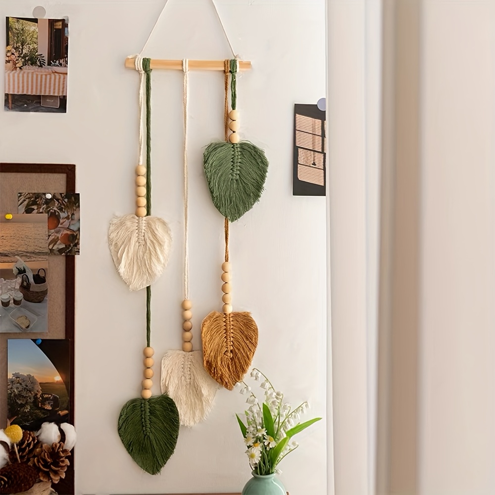 1pc Macrame Wall Hanging, Bohemian Style Wall Decor Tapestry, Handwoven Colorful Leaf Wooden Bead Wall Tapestry, Background Wall Headboard Hanging Ornament