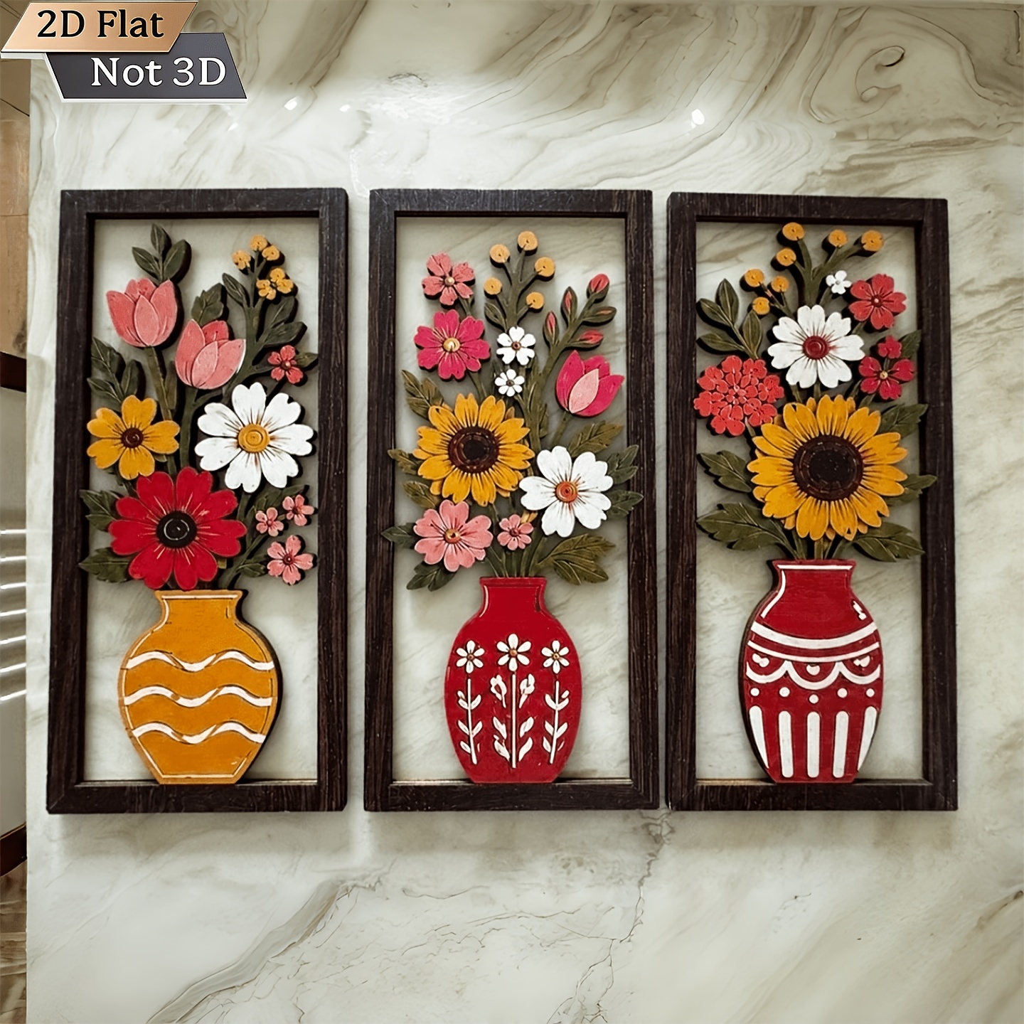 Bohemian Floral Vase Wooden Wall Art Set of 3 - Retro Farmhouse Decor