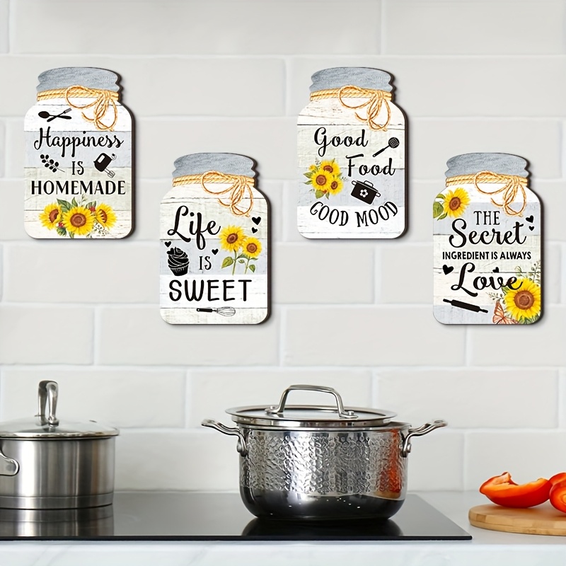 2D Flat, 2D Flat Plane, 4pcs Set - 2D Flat Printed Sunflower Kitchen Decor Wooden Hanging Sign, Wall Hanging, Rustic Style Aesthetic, 2D Flat