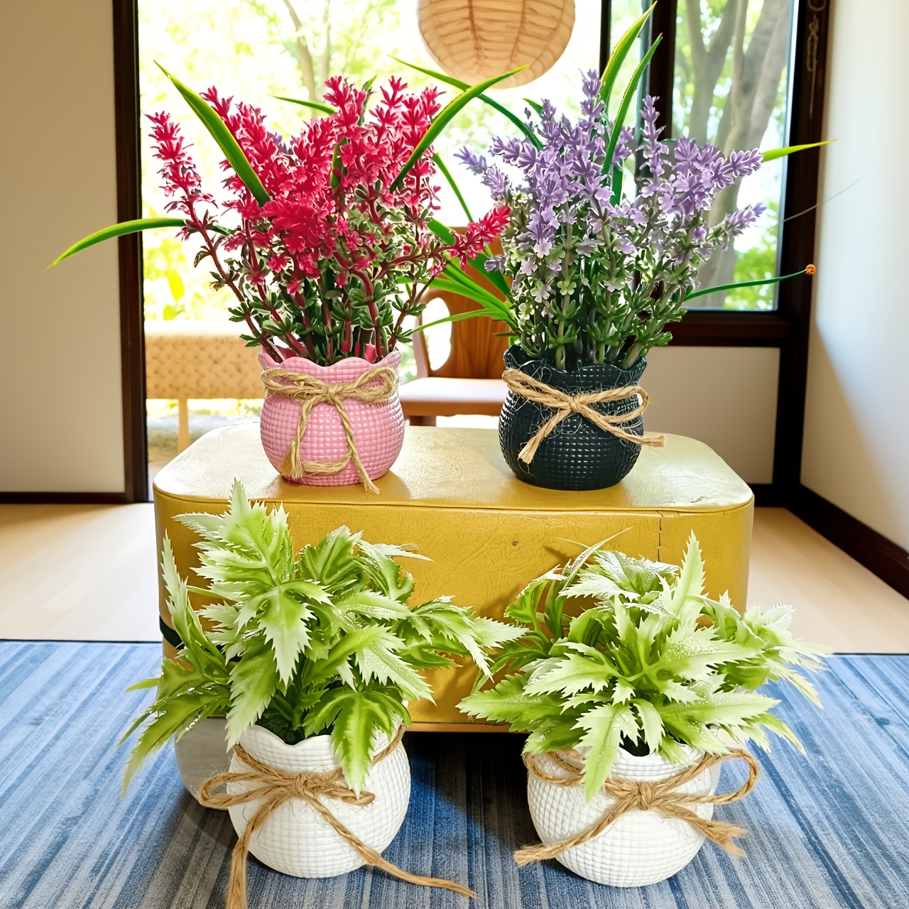 4pcs Artificial Evergreen Plants, Mini Multicolor Bow Flower Pots Artificial Water Grass Potted Plants, Suitable for Easter St. Patrick'S Day New Year Valentine'S Day Home Decoration Restaurant Tabletop Window Sill Bookshelf Display