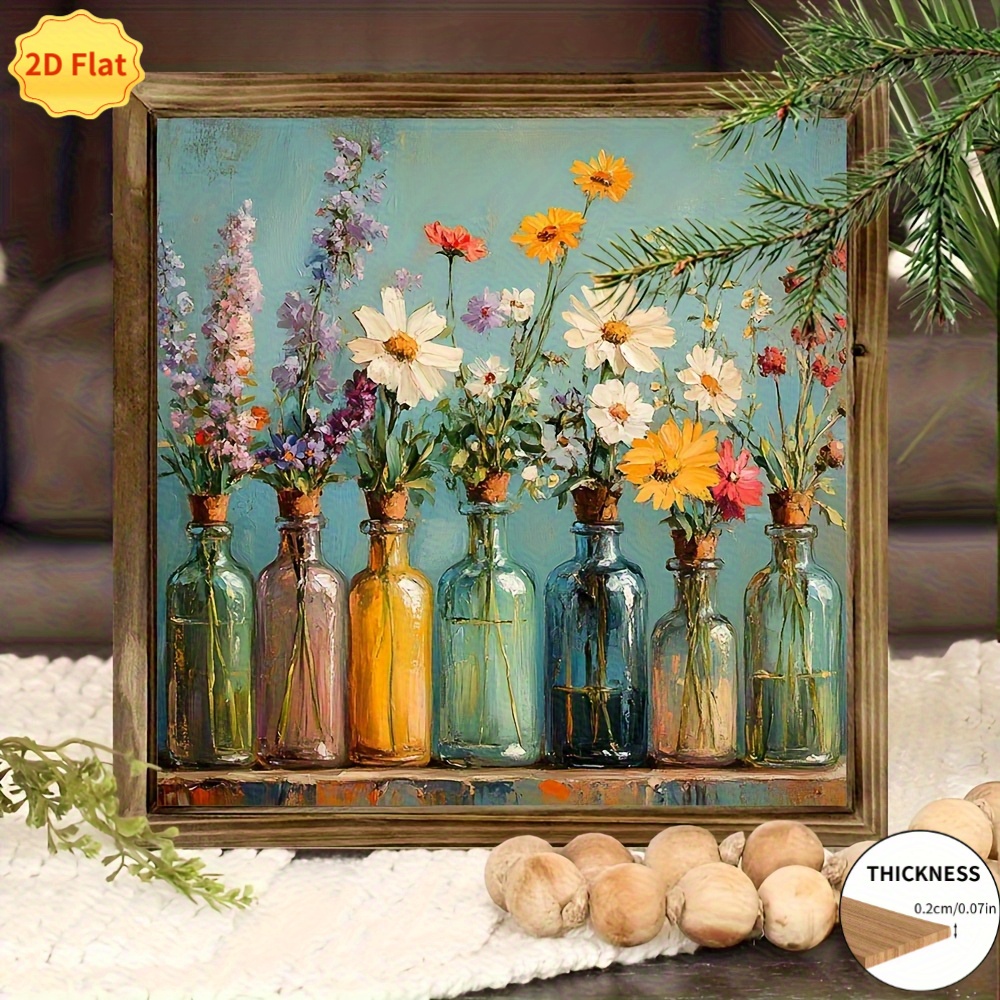 2D Flat, A 2D Flat-printed Wooden 1pc Rustic Wooden Floral Art Sign - Wall Hanging Decoration Featuring Vibrant Spring Flowers and Green Leaves, No Electricity Required, Ideal for Outdoor Decor, Rustic Themes, and New Year Gifts, Outdoor Wall Decor |