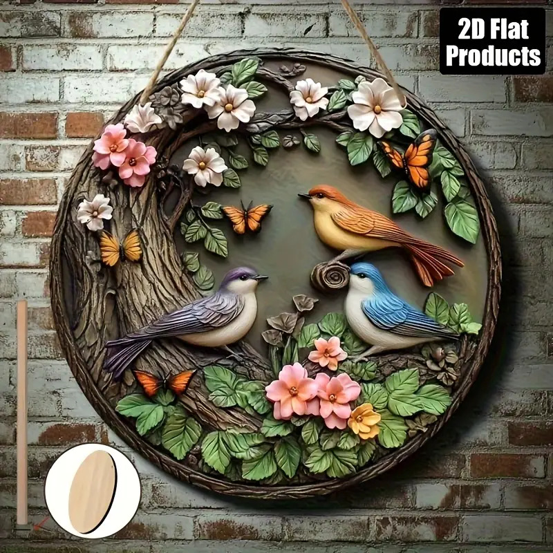 Round Wooden Wall Art Birds Butterflies Flowers - Aesthetic Home Decor - Image 2