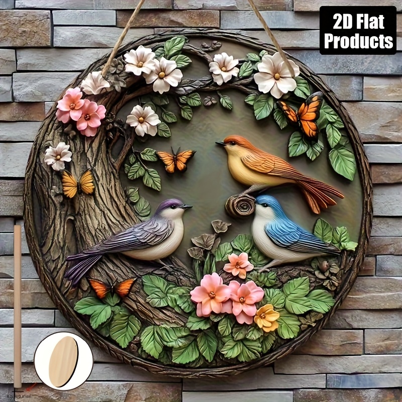 2D Flat, 2D Flat Round Wooden Wall Decoration- 2D Flat Natural Style Decoration with Colorful Birds, Butterflies, and Floral Patterns- Simulated Wooden Hanging Painting for Home, Office, Cafe- Holiday Gift, No Power Required, 2D Flat