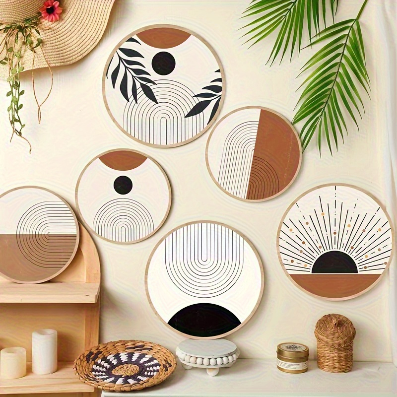 Bohemian Wooden Wall Art Set of 6 - Round Geometric Living Room Decor - Image 2