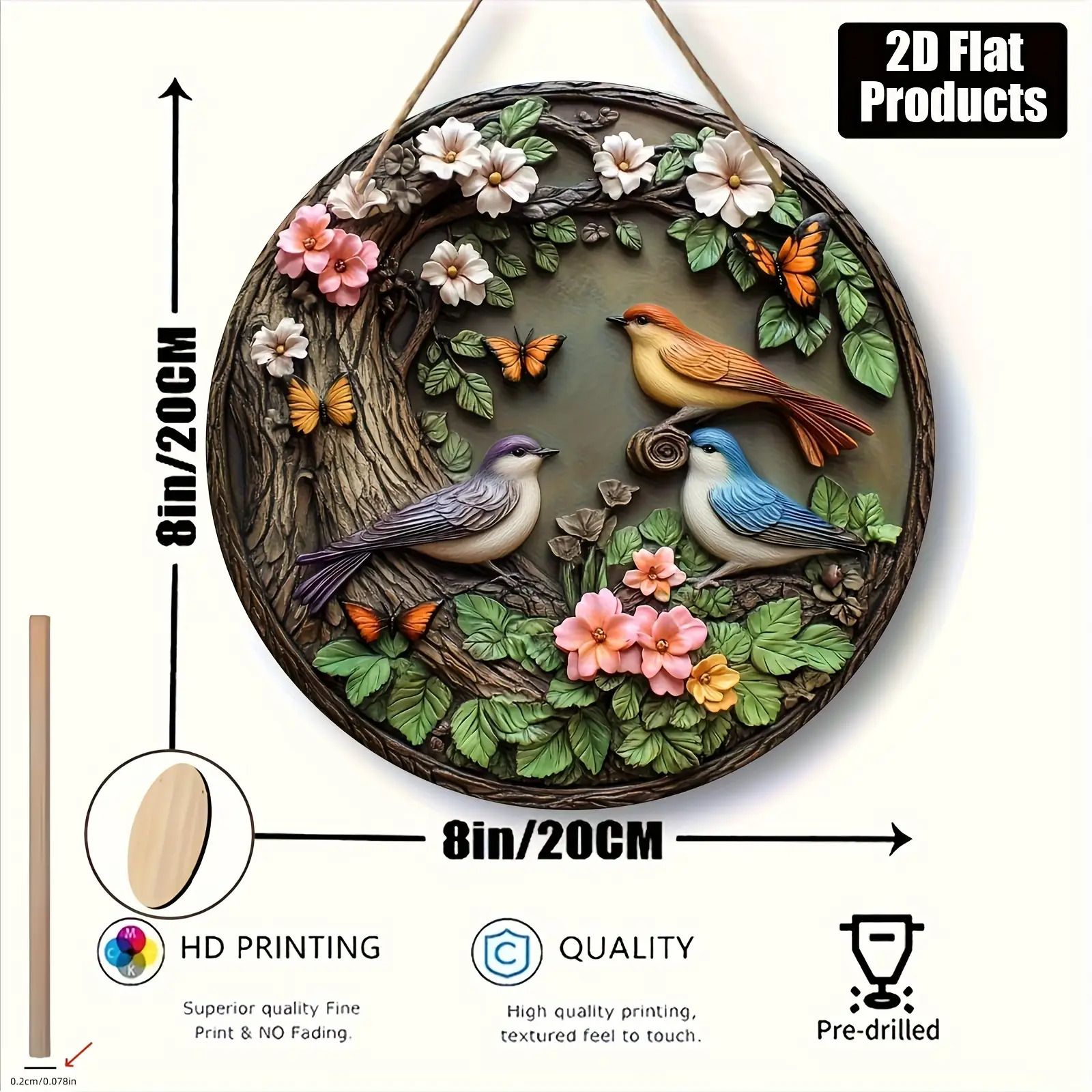 Round Wooden Wall Art Birds Butterflies Flowers - Aesthetic Home Decor - Image 6
