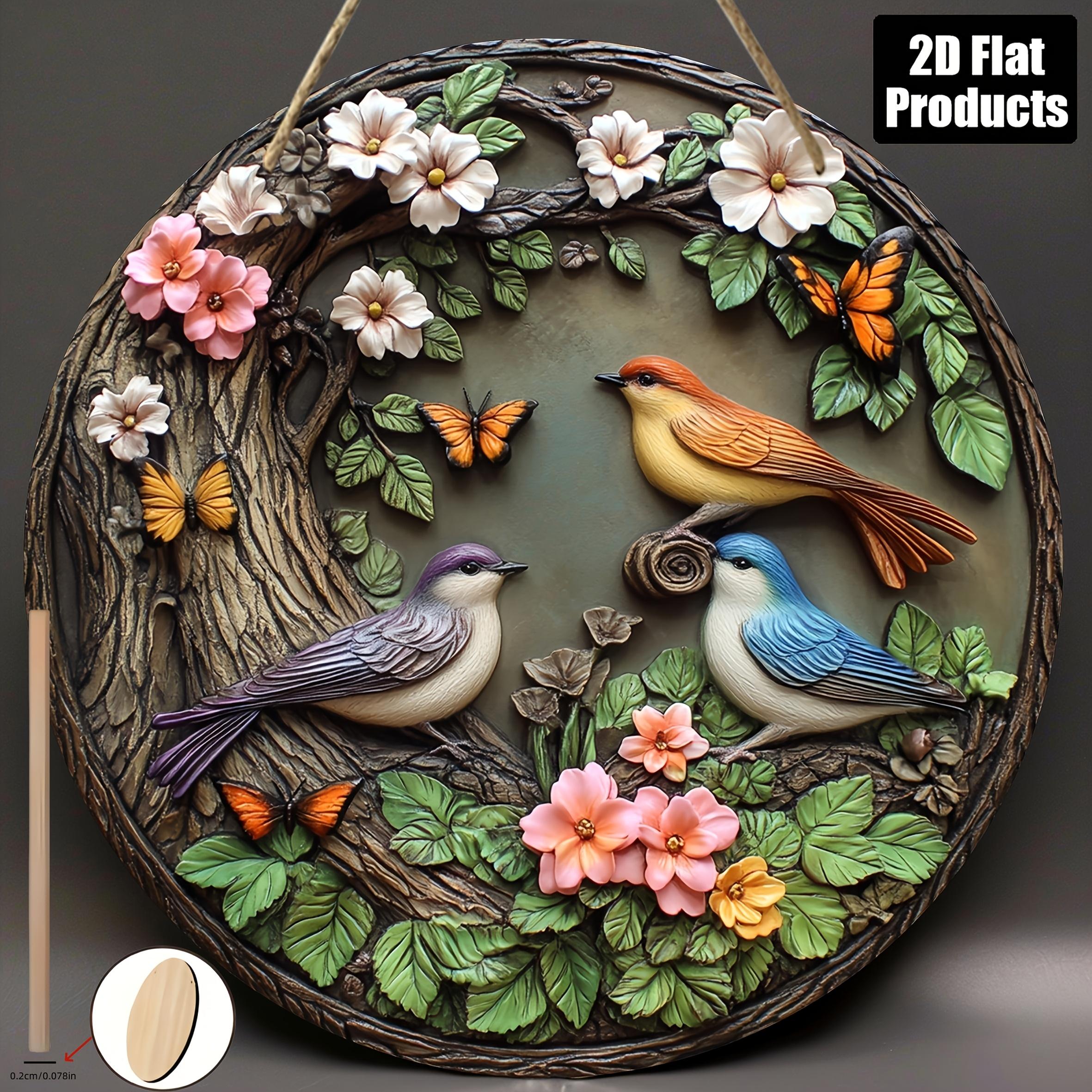 Round Wooden Wall Art Birds Butterflies Flowers - Aesthetic Home Decor - Image 3