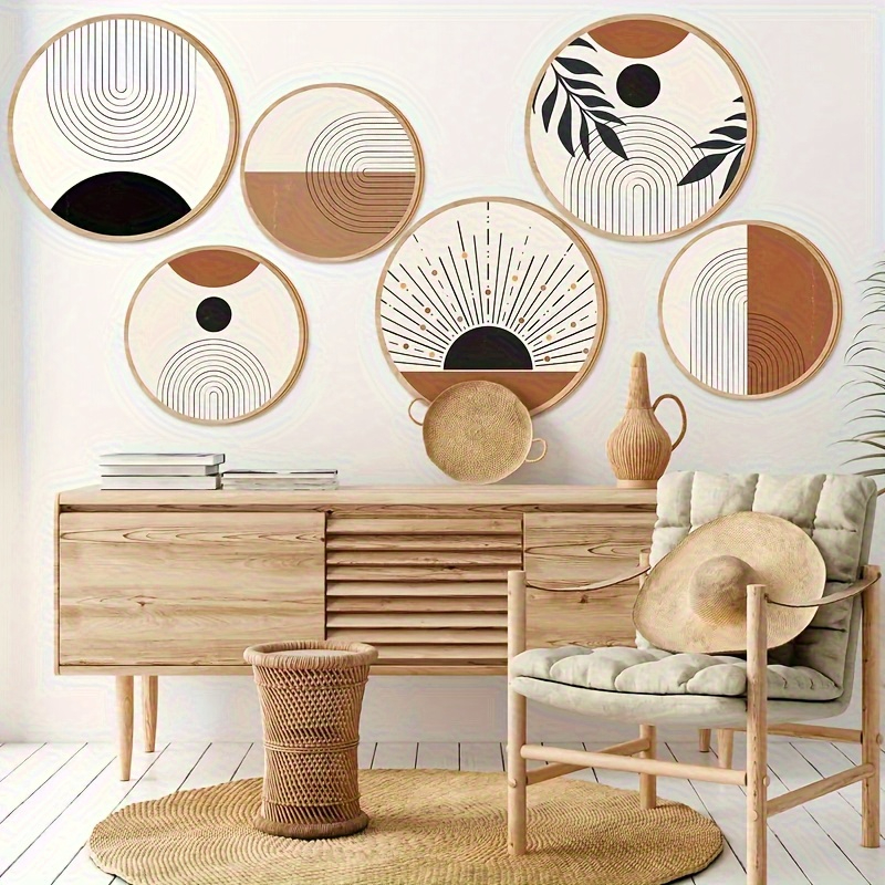 Bohemian Wooden Wall Art Set of 6 - Round Geometric Living Room Decor